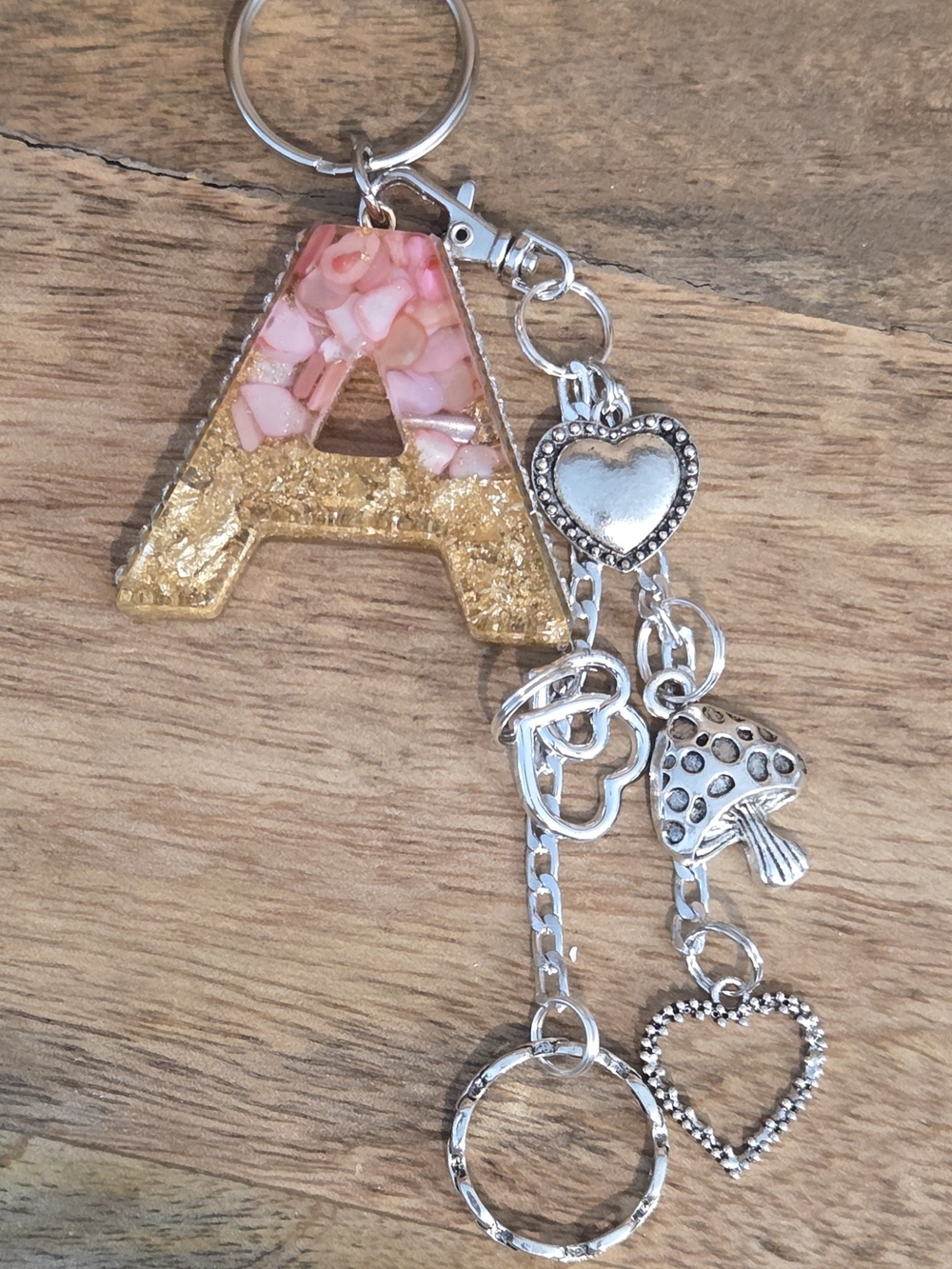 Personalized Pink & Gold 'A' Letter Keychain Charm With Multiple Silver Charms!